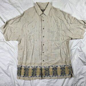 Vintage Fieldmaster Mens XL Beige Button Up Short Sleeve Shirt Linen Floral Band
